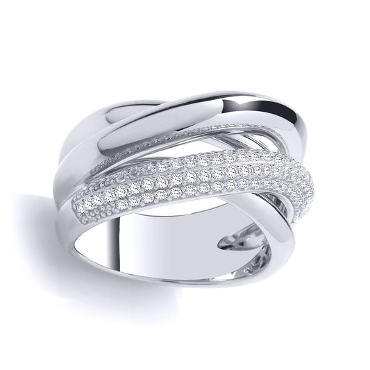 925 Sterling Silver CZ 3 Way Pave Crossover Russian Bond Ring - GVR979