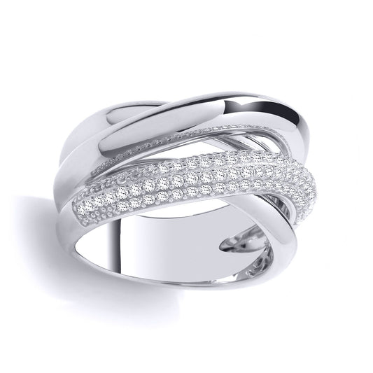 925 Sterling Silver CZ 3 Way Pave Crossover Russian Cocktail Ring - GVR979