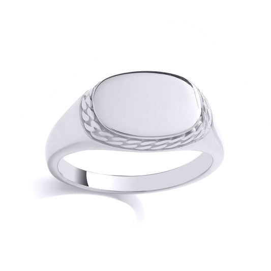 Mens 925 Silver Curb Chain Wrapped Horizontal Oval Signet Ring - GVR984