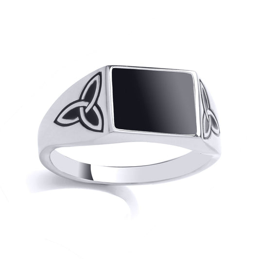 Mens Silver Radiant Onyx Trinity Knot Rectangular Signet Ring - GVR987