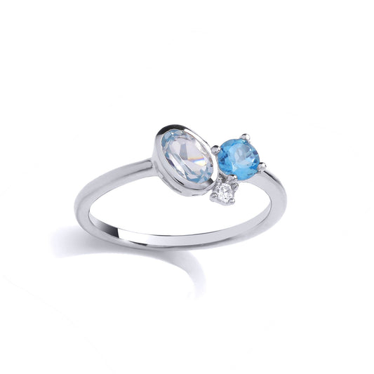 Silver Swiss Blue Oval CZ Thought Bubble Halo Toi et Moi Ring - GVR994