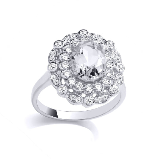 Silver Green Oval Quartz CZ Scallop Edge Peapod Ring - GVR997