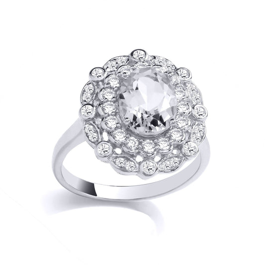 Silver Green Oval Quartz CZ Scallop Edge Peapod Ring - GVR997