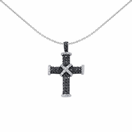 Silver Black CZ Pave Cross Pendant Necklace 18 inch - GVX025B