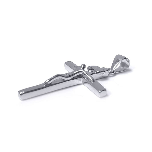 Sterling Silver INRI Crucifix D-Shape Dome Cross Pendant Necklace - GVX033