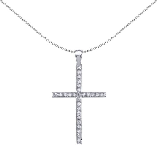 Sterling Silver CZ Art Deco Pave Cross Pendant Necklace - GVX036
