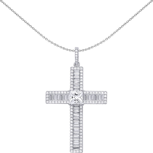 Unisex Silver Princess CZ Vanity Mirror Style Cross Pendant - GVX054
