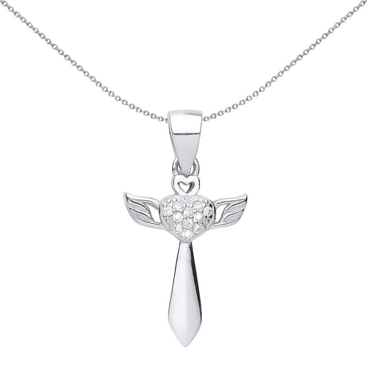 Unisex Silver CZ Heart Angel Wings Cross Pendant Necklace - GVX058
