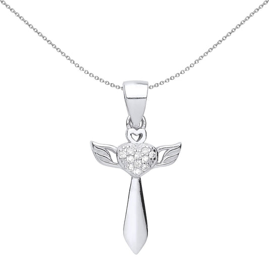 Unisex Silver CZ Heart Angel Wings Cross Pendant Necklace 18" - GVX058