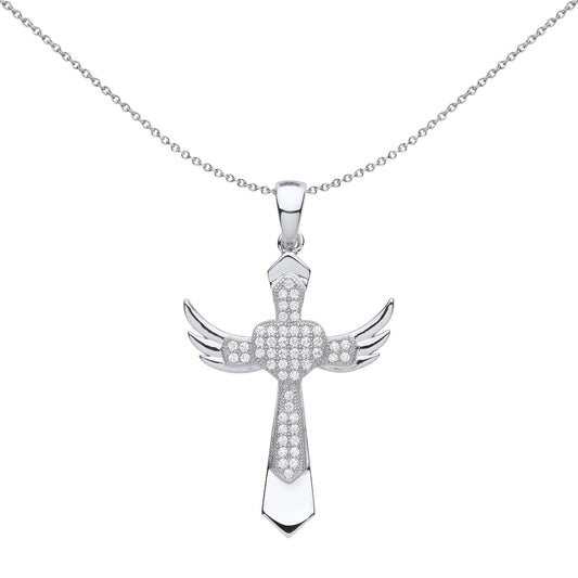 Unisex Silver CZ Heart Angel Wings Cross Pendant Necklace 18" - GVX059