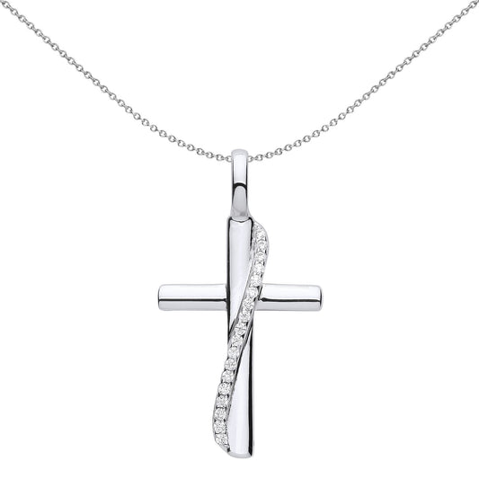 Unisex Silver CZ Eternity Sash Ribbon Cross Pendant Necklace - GVX061