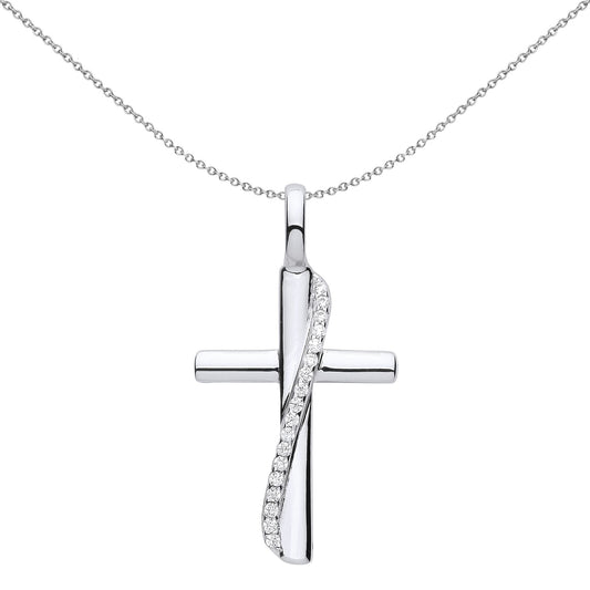 Unisex Silver CZ Eternity Sash Ribbon Cross Pendant Necklace 18" - GVX061