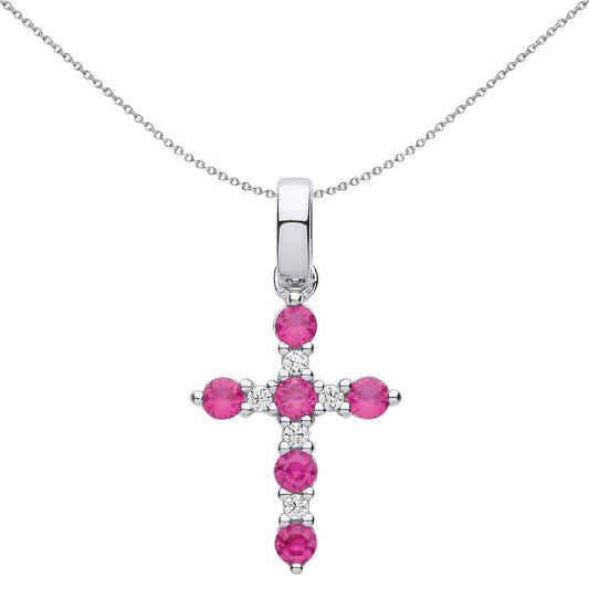 Unisex Silver Red CZ Eternity Bezant Cross Necklace 18" - GVX062