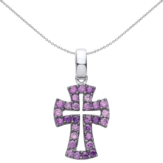 Silver Purple CZ Graduated Serif Byzantine Cross Necklace - GVX066