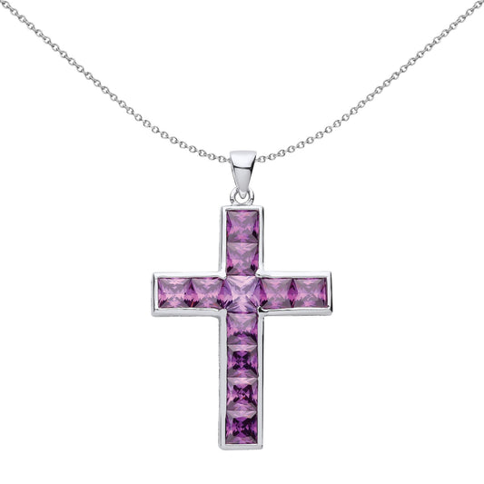 Silver Purple Princess CZ Minimalist Bezel Cross Necklace - GVX067