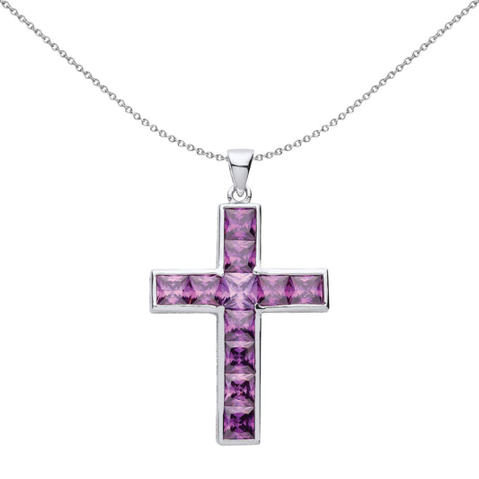 Silver Purple Princess CZ Minimalist Bezel Cross Necklace 18" - GVX067