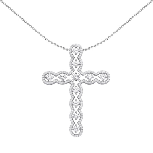 Unisex Silver CZ Scallop Edge Wavy Cross Pendant Necklace 18 inch - GVX073