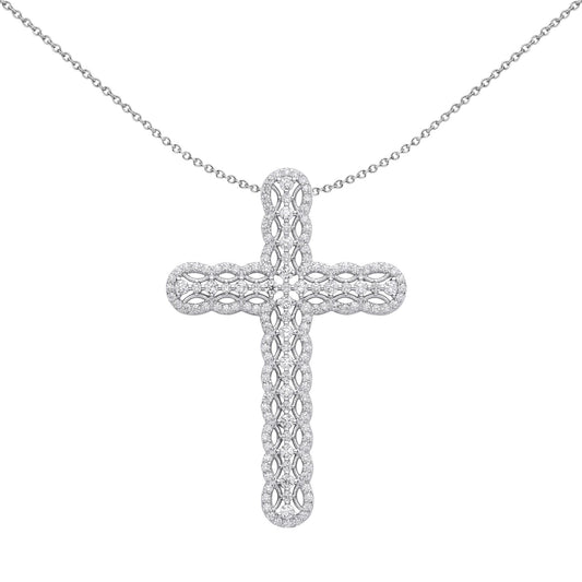 Unisex Silver CZ Scallop Edge Tennis Cross Pendant Necklace - GVX074