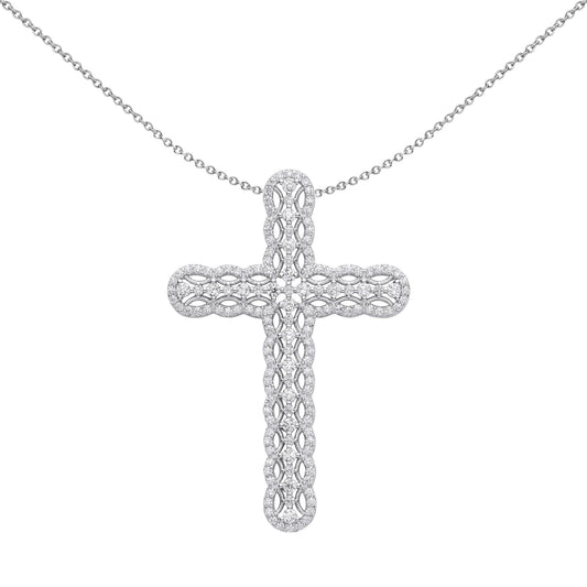 Unisex Silver CZ Scallop Edge Tennis Cross Pendant Necklace 18" - GVX074