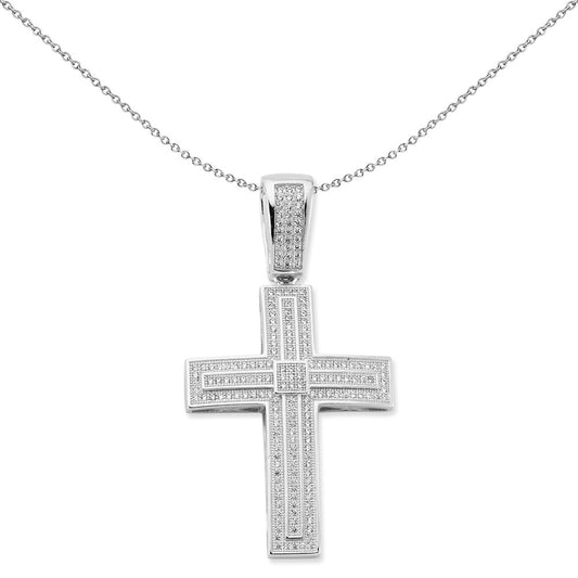 Unisex Silver CZ Tiered Micro Pave Art Deco Cross Necklace 18" - GVX087