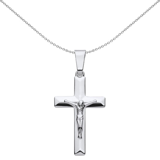 Unisex Silver Flat Prism Bevelled Crucifix Cross Necklace 18" - GVX097