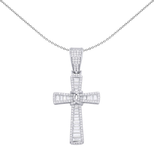 Silver Baguette CZ Paperclip Knot Sunburst Cross Pendant Necklace - GVX103