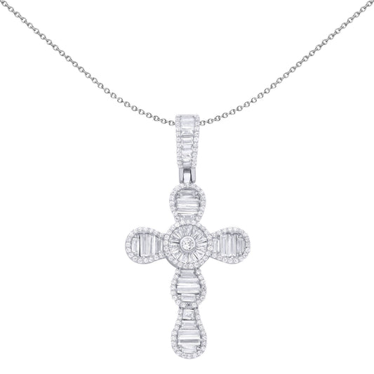Silver Baguette CZ Art Deco Raindrop Sunburst Cross Pendant - GVX105