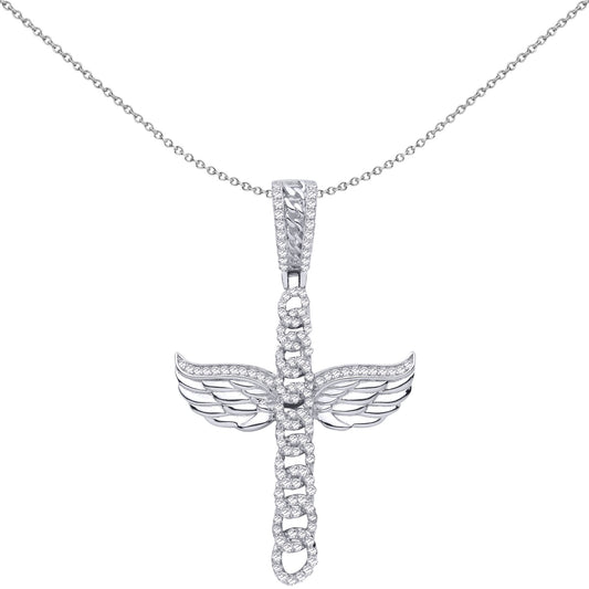 Silver CZ Curb Link Fiery Angel Wings Cross Pendant Necklace - GVX107