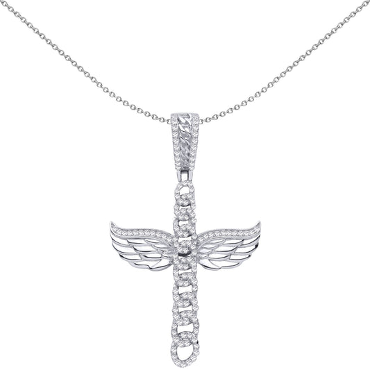 Silver CZ Curb Link Fiery Angel Wings Cross Pendant Necklace - GVX107