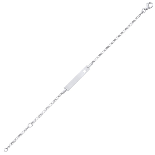 Kids Silver Classic Figaro Heart Identity ID Bar Bracelet 5 + 1" - ID47