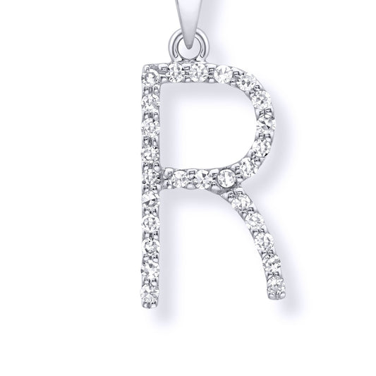 9ct White Gold Diamond Initial Charm Pendant Letter R - INNR029-R