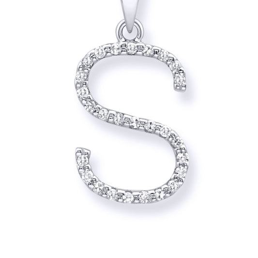 9ct White Gold Diamond Initial Charm Pendant Letter S - INNR029-S