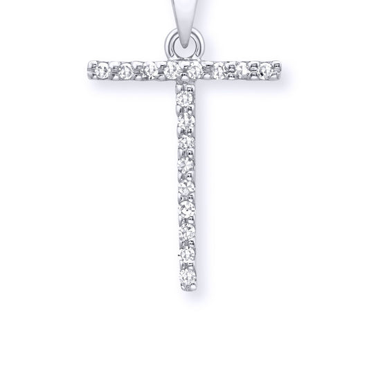 9ct White Gold Diamond Initial Charm Pendant Letter T - INNR029-T