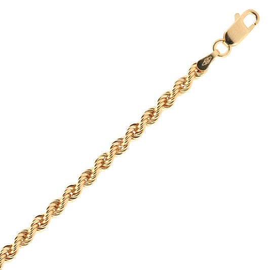 9ct Gold Diamond Cut Hollow Rope 3mm Chain Bracelet 7.5 inch 19cm - JBB325C