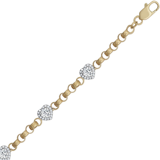 9ct Gold CZ Love Heart Belcher 5/8mm Chain Link Bracelet 7.5inch - JBB399