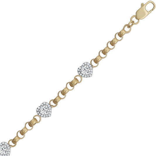 9ct Gold CZ Love Heart Belcher 5/8mm Chain Link Bracelet 7.5inch - JBB399