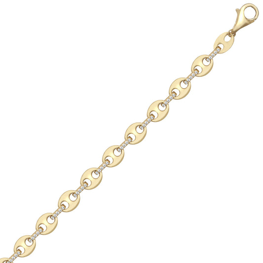 9ct Gold CZ Coffee Bean Anchor 6mm Chain Link Bracelet 7.5inch - JBB403
