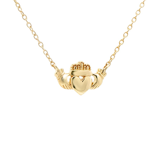 9ct Gold Hands Holding Crowned Heart Claddagh Charm Necklace 18" - JBB462