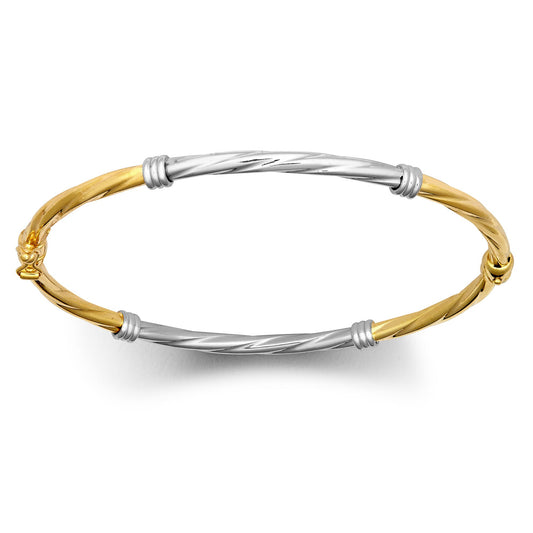 9ct 2-Colour Gold Half + Half Twisted Collar 3mm Bangle Bracelet - JBG347