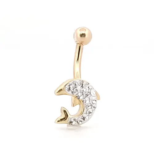 9ct Gold Crystal Dolphin Banana Belly Bar, 10mm - JBJ120