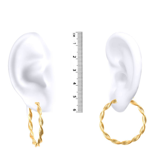 9ct Gold Barked Platted Twist 3.5mm Hoop Earrings 37mm - JER152