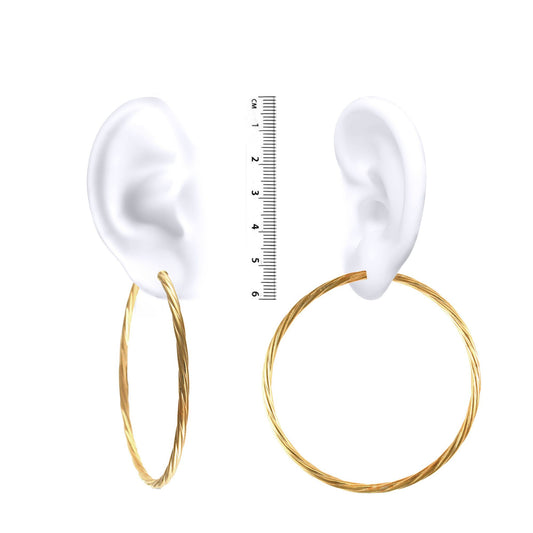 Ladies 9ct Gold Twisted 3mm Hoop Earrings 65mm - JER200A