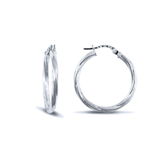 Ladies 9ct White Gold Twisted 2.5mm Hoop Earrings 25mm - JER561C