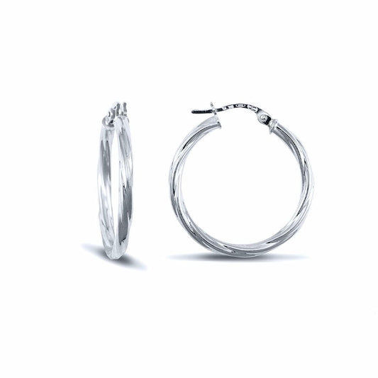 Ladies 9ct White Gold Twisted 2.5mm Hoop Earrings 25mm - JER561C
