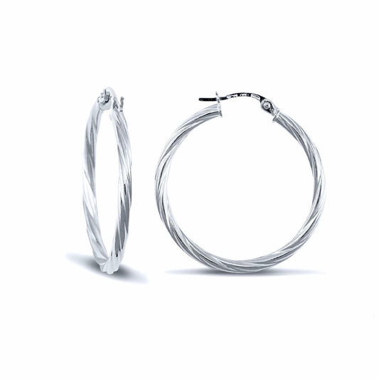 Ladies 9ct White Gold Twisted 2.5mm Hoop Earrings 30mm - JER561D