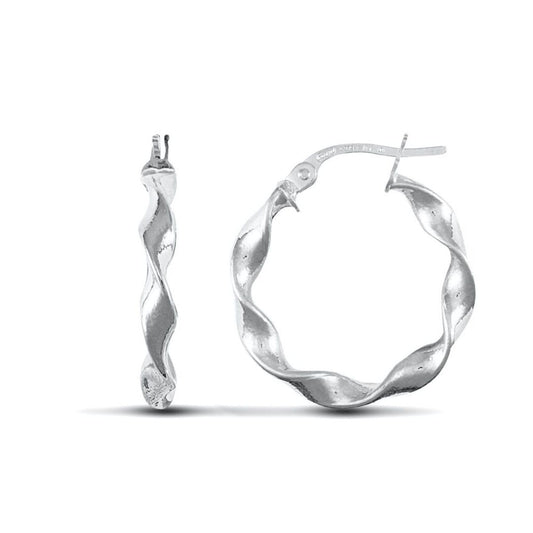 Ladies 9ct White Gold Candy Twist 3mm Hoop Earrings 20mm - JER578B