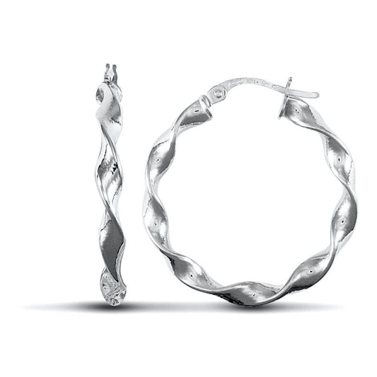 Ladies 9ct White Gold Candy Twist 3mm Hoop Earrings 25mm - JER578C