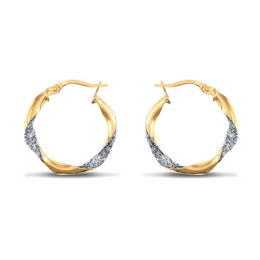 9ct 2-Colour Gold Ice Glitter Twist 3mm Hoop Earrings 21mm - JER661A