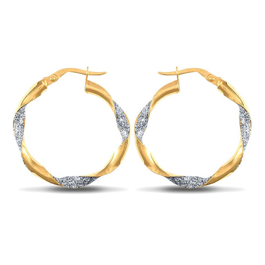 9ct 2-Colour Gold Ice Glitter Twist 3mm Hoop Earrings 25mm - JER661B