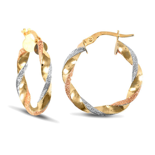 9ct 3-Colour Gold Frosted Twisted 3mm Hoop Earrings 20mm - JER662B